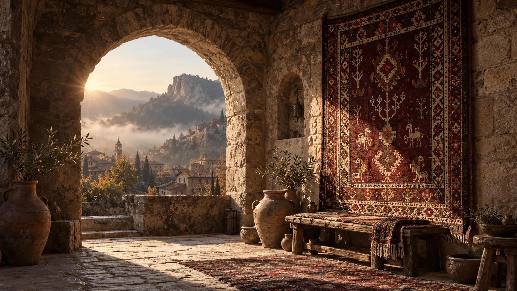 Taş duvarda sergilenen dekoratif kilim