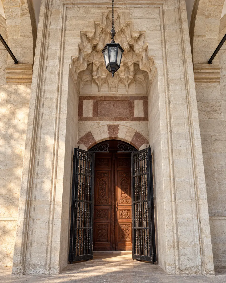 Muqarnas stone portal and wooden door of the Yakup Ağa Mosque — representative image