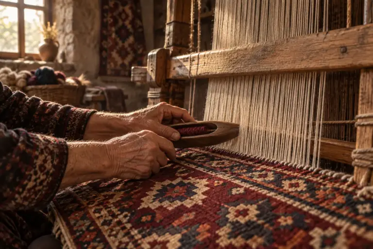 Geleneksel ahşap tezgahta kilim dokuyan usta elleri