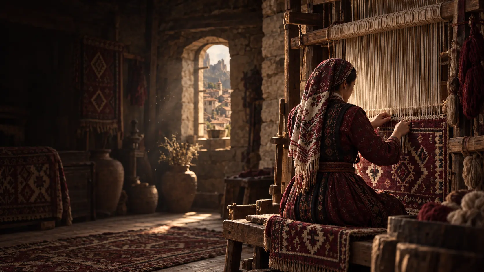 Tarihi atölyede geleneksel kilim dokuyan kadın