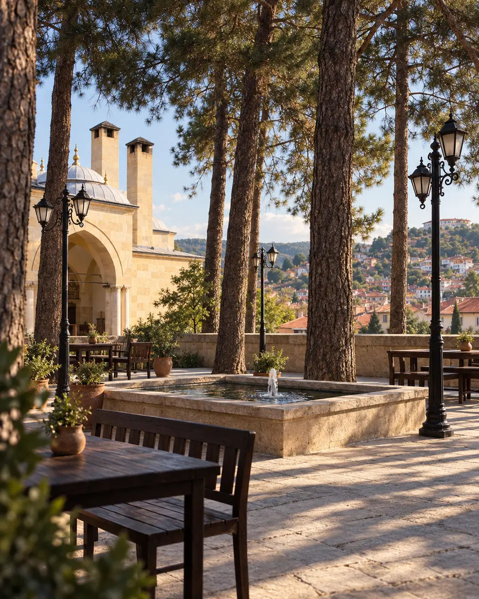 Pine-shaded garden and stone fountain of the Yakup Ağa Complex — representative image