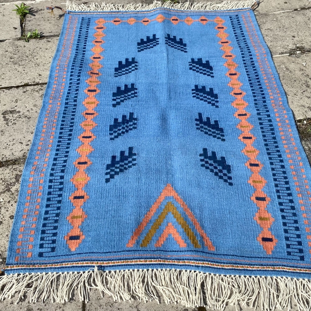 Mavi el dokuma seccade – doğal yün kilim seccade